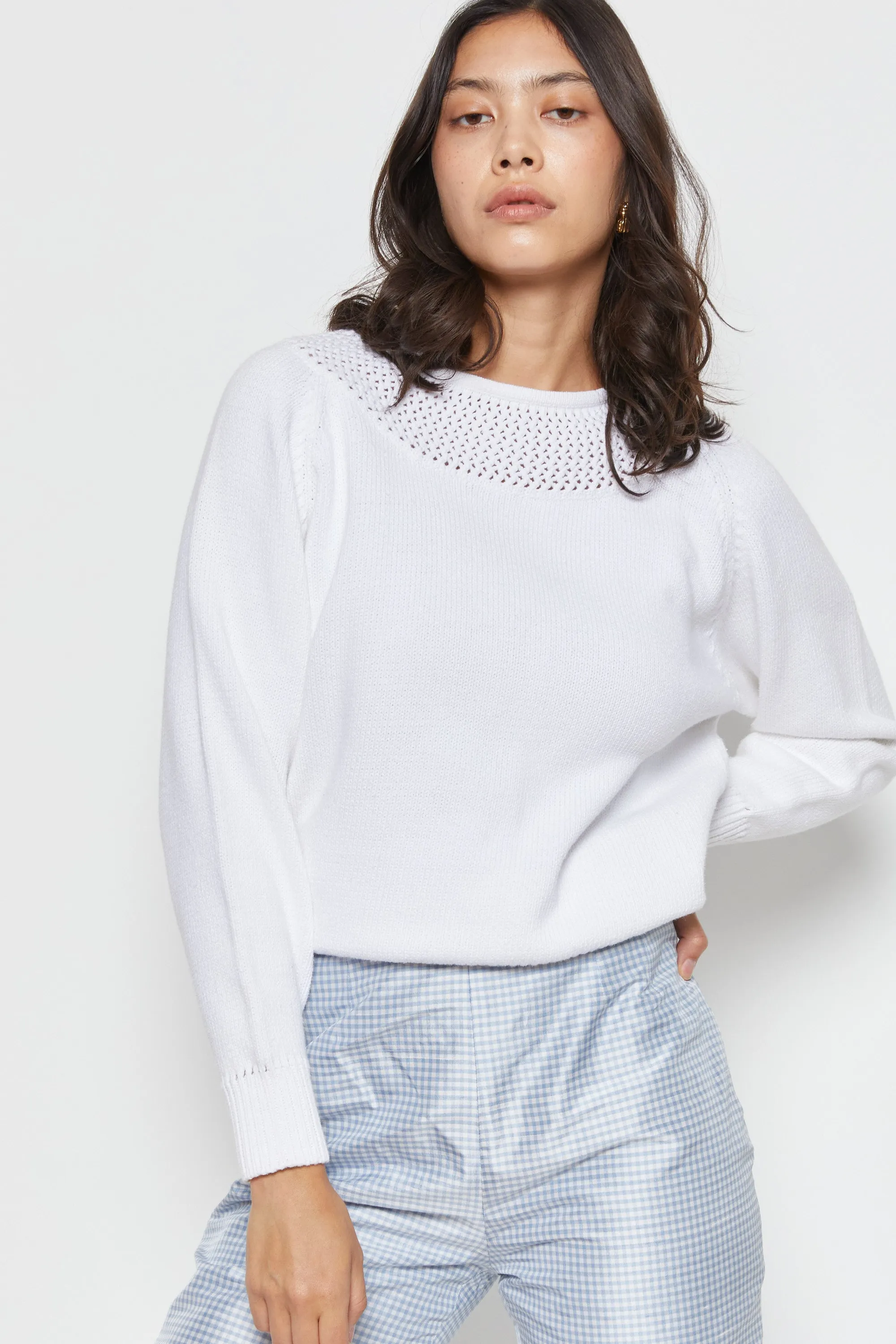 80s White Open Knit Yolk Sweater M