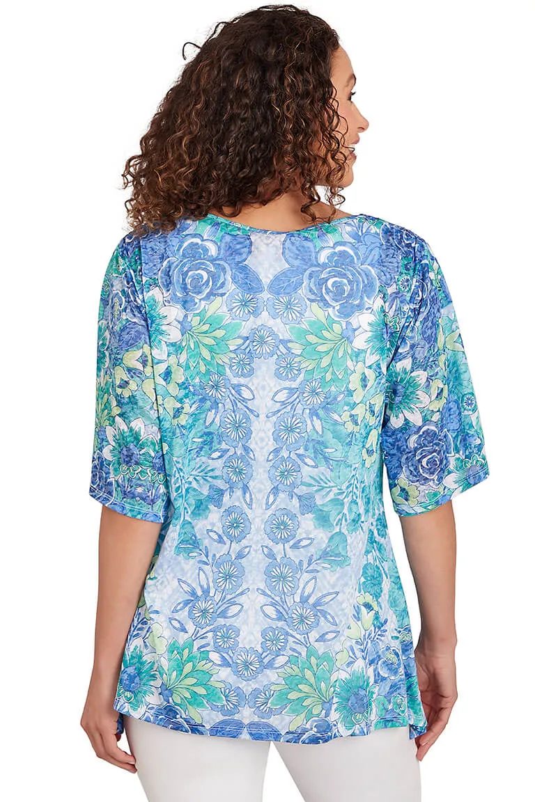 Bali Blue Jeweled Burnout Knit Top