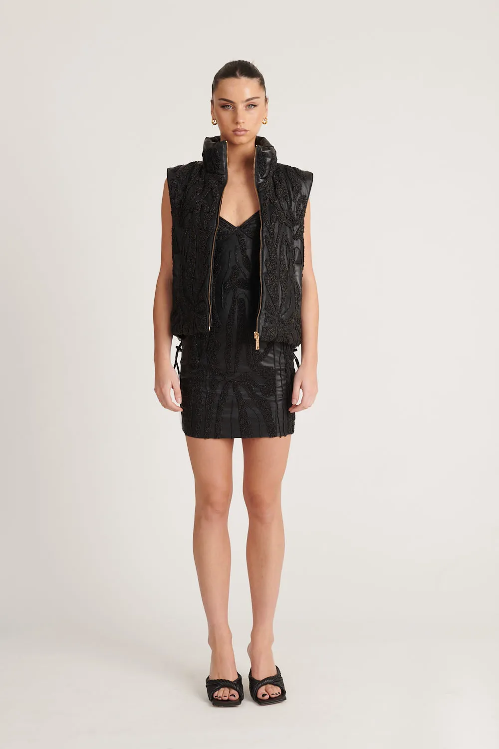 Beaded Leather Vest - Black