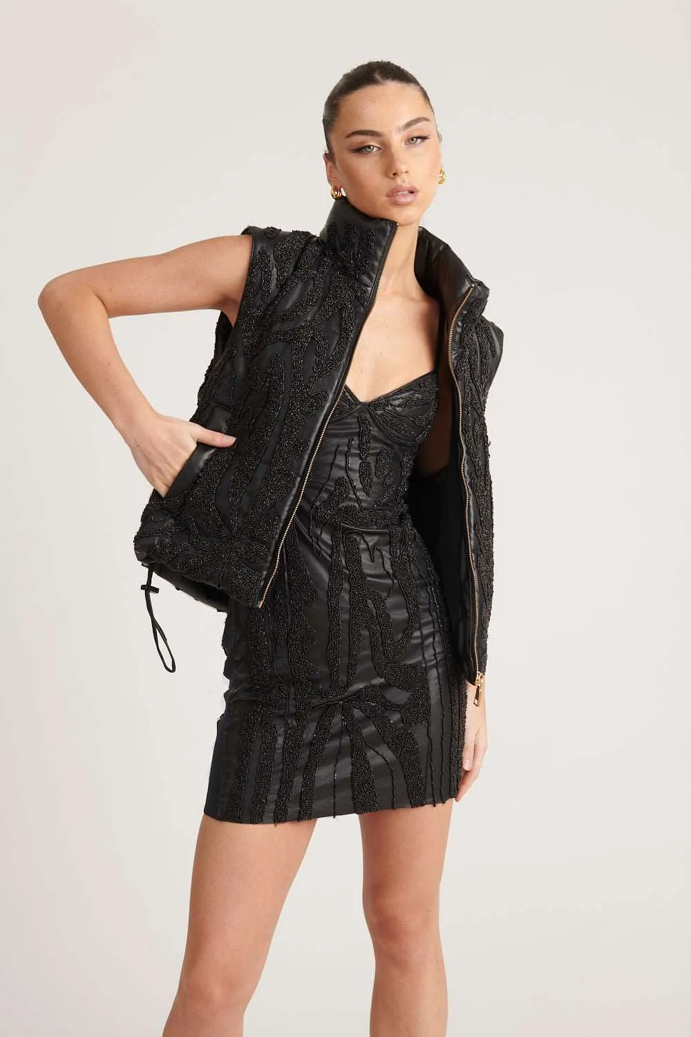 Beaded Leather Vest - Black