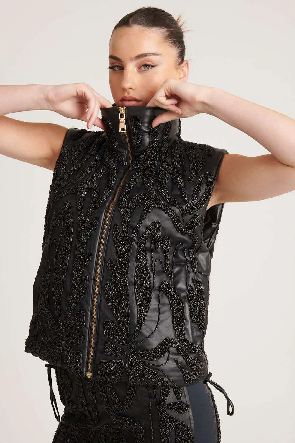 Beaded Leather Vest - Black