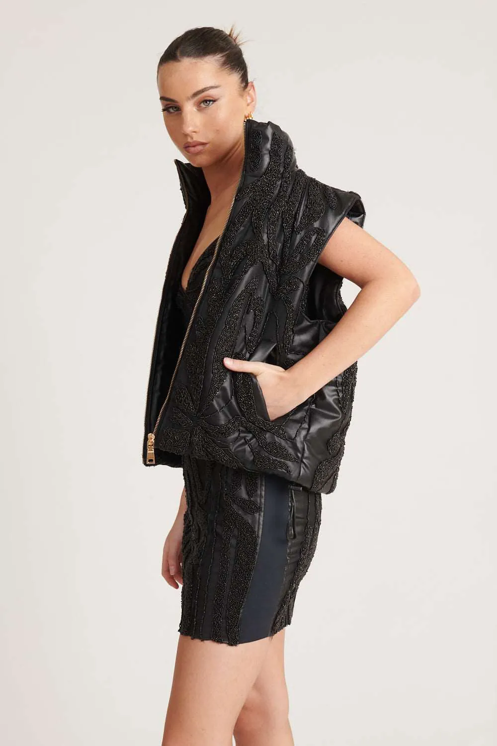 Beaded Leather Vest - Black