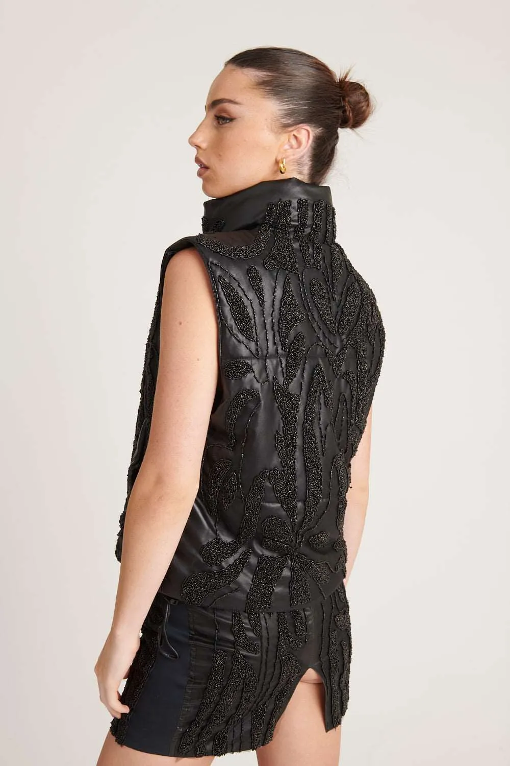 Beaded Leather Vest - Black