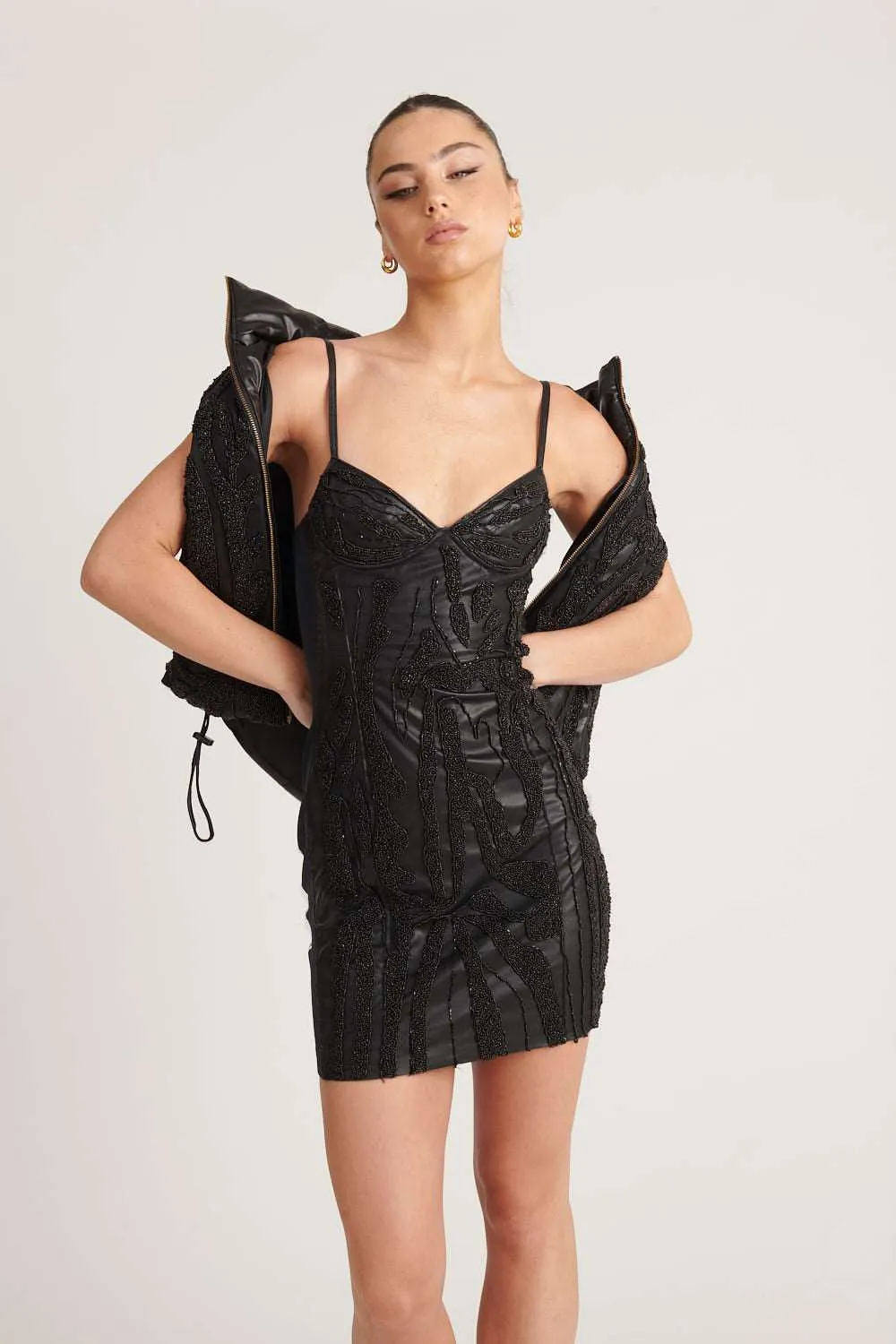 Beaded Leather Vest - Black