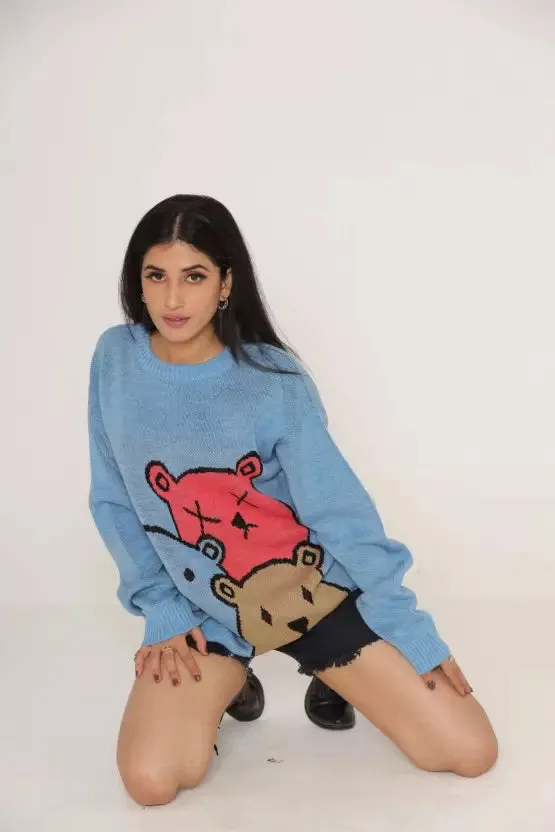 Bear Blue Printed Wool Blend Sweater