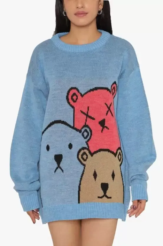 Bear Blue Printed Wool Blend Sweater