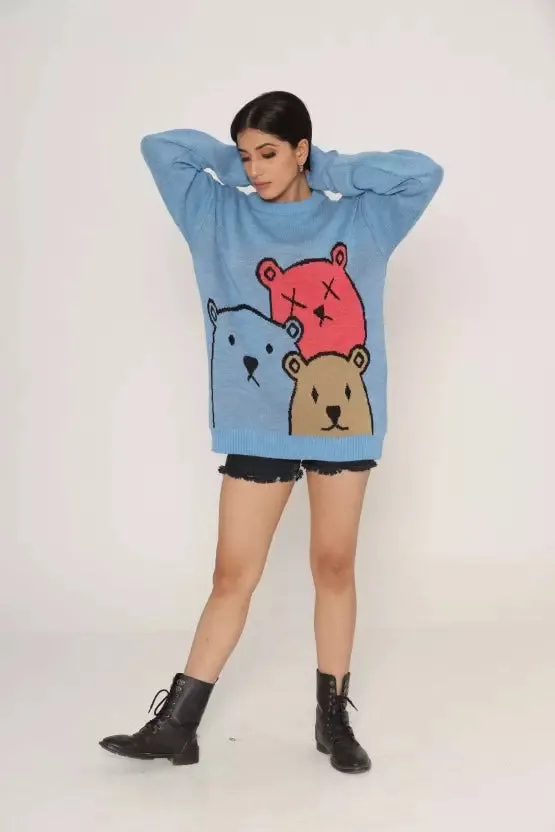 Bear Blue Printed Wool Blend Sweater