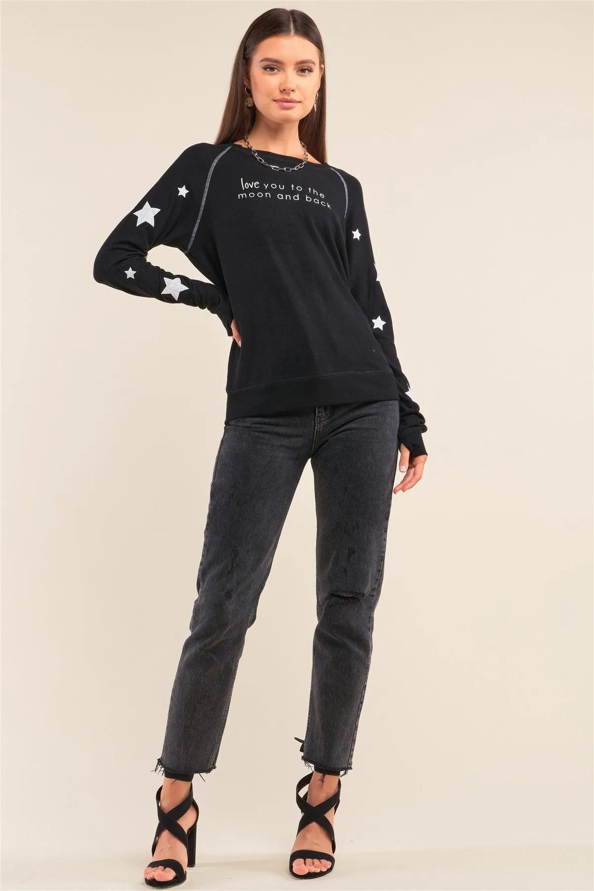 Black Long Sleeve "Love You To The Moon And Back" Graphic Crew Neck Top /3-3