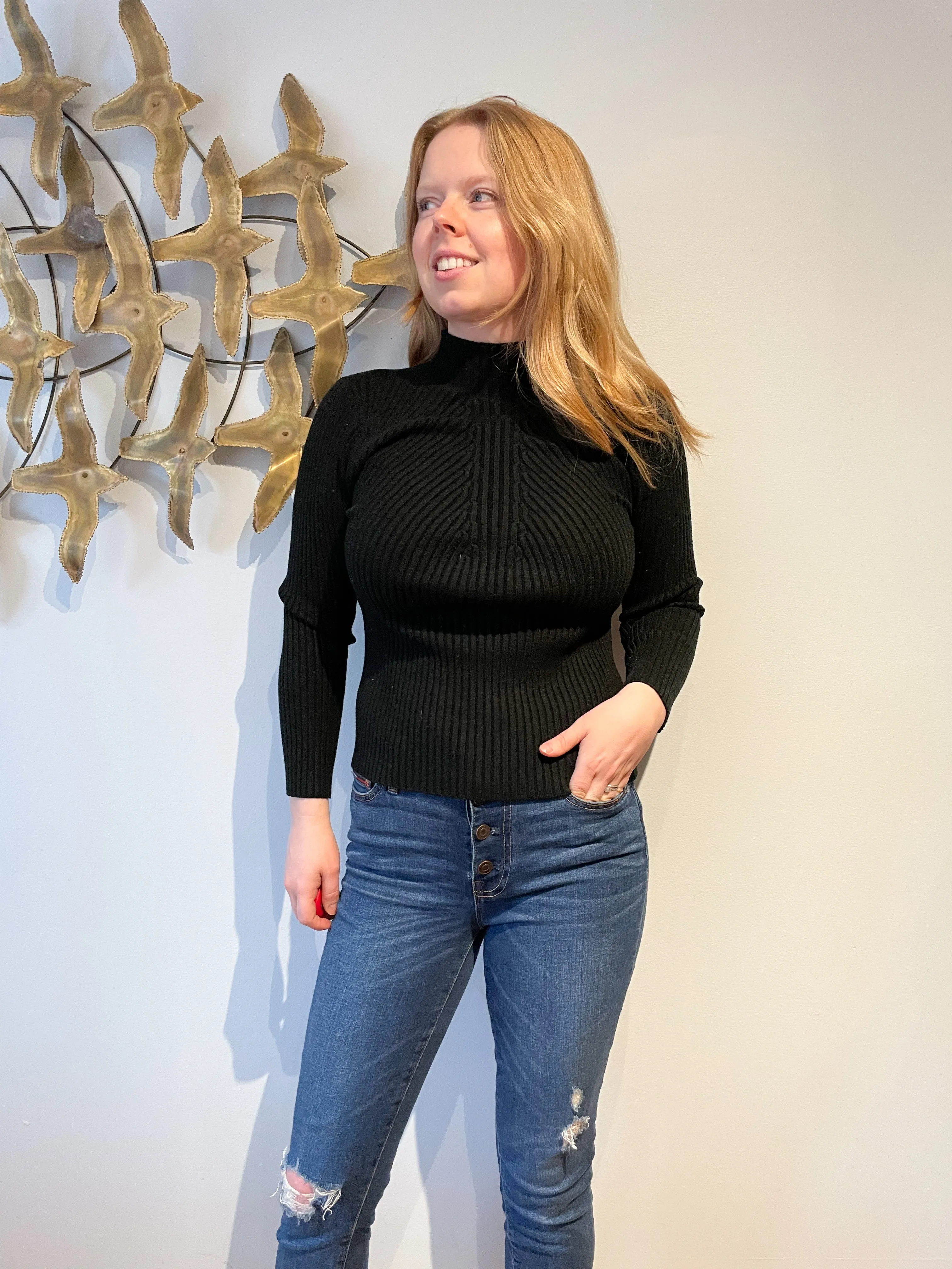 Black Mock Neck Ribbed Stretch Knit Sweater - M/L