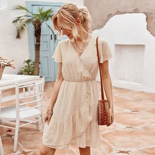 Chiffon Ruffles V-Neck A-Line Wrap Short Sleeve Mini Dress