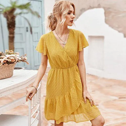 Chiffon Ruffles V-Neck A-Line Wrap Short Sleeve Mini Dress