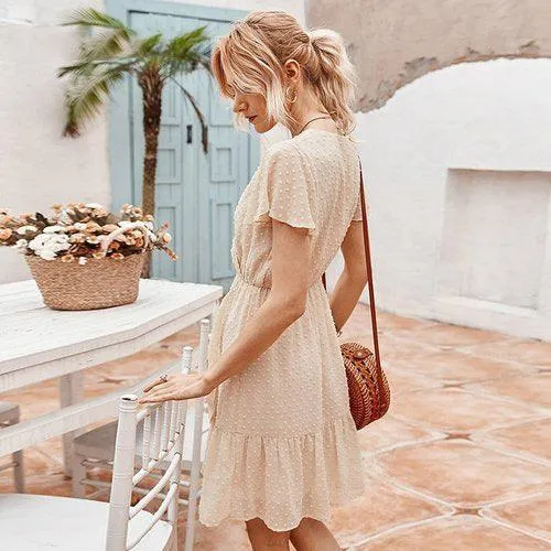 Chiffon Ruffles V-Neck A-Line Wrap Short Sleeve Mini Dress