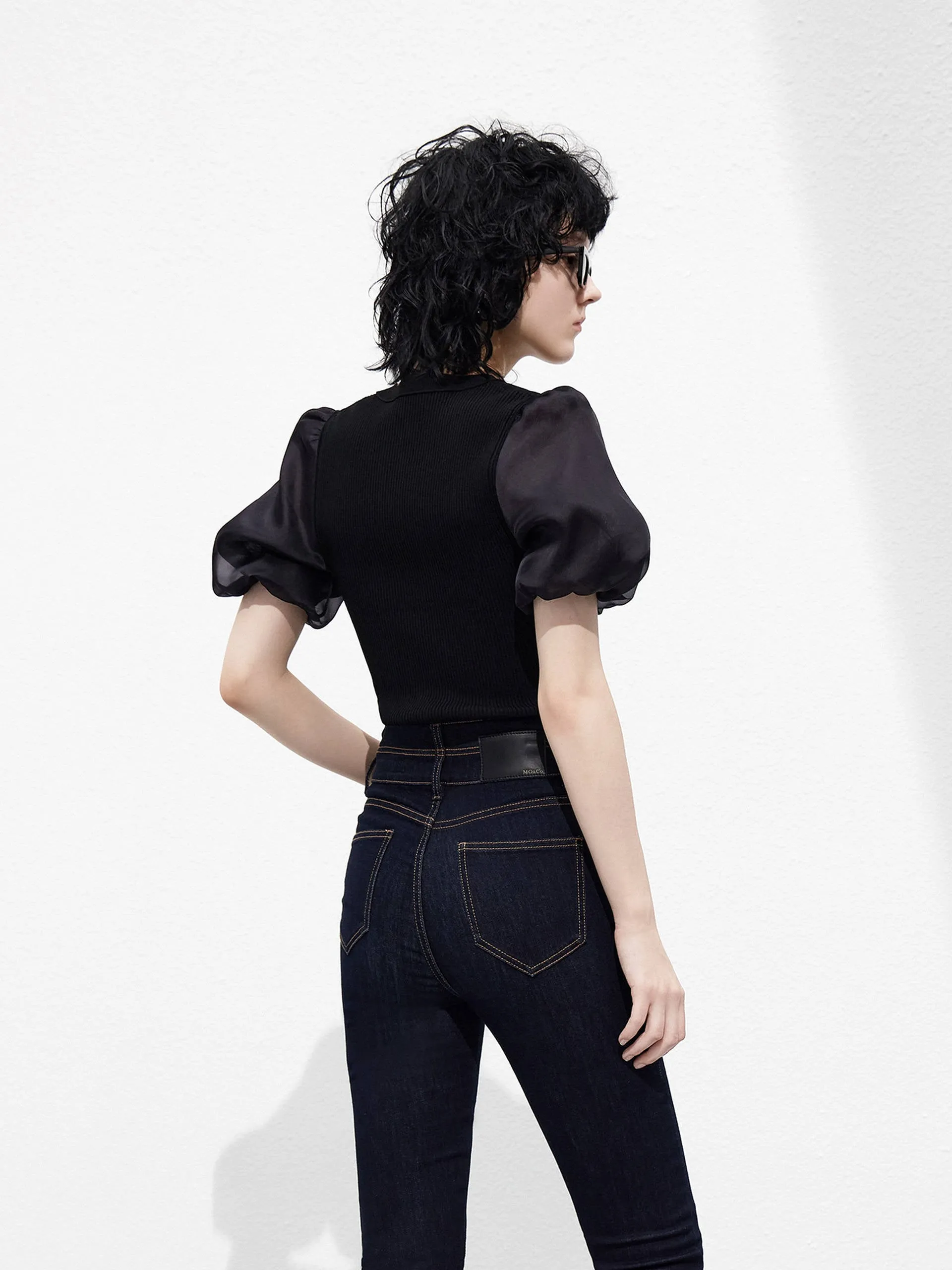 Cropped Puff Sleeves Knit Top