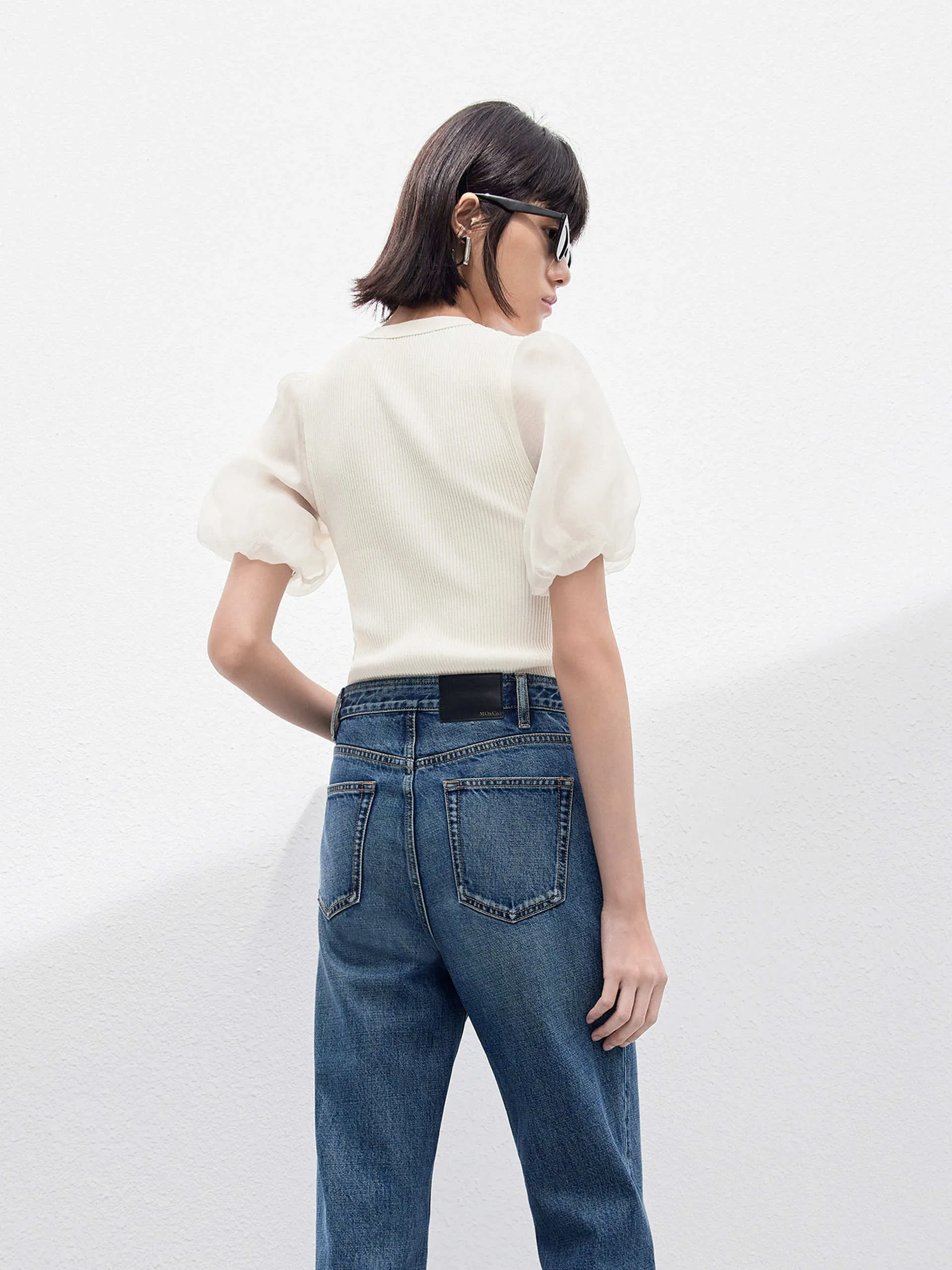 Cropped Puff Sleeves Knit Top