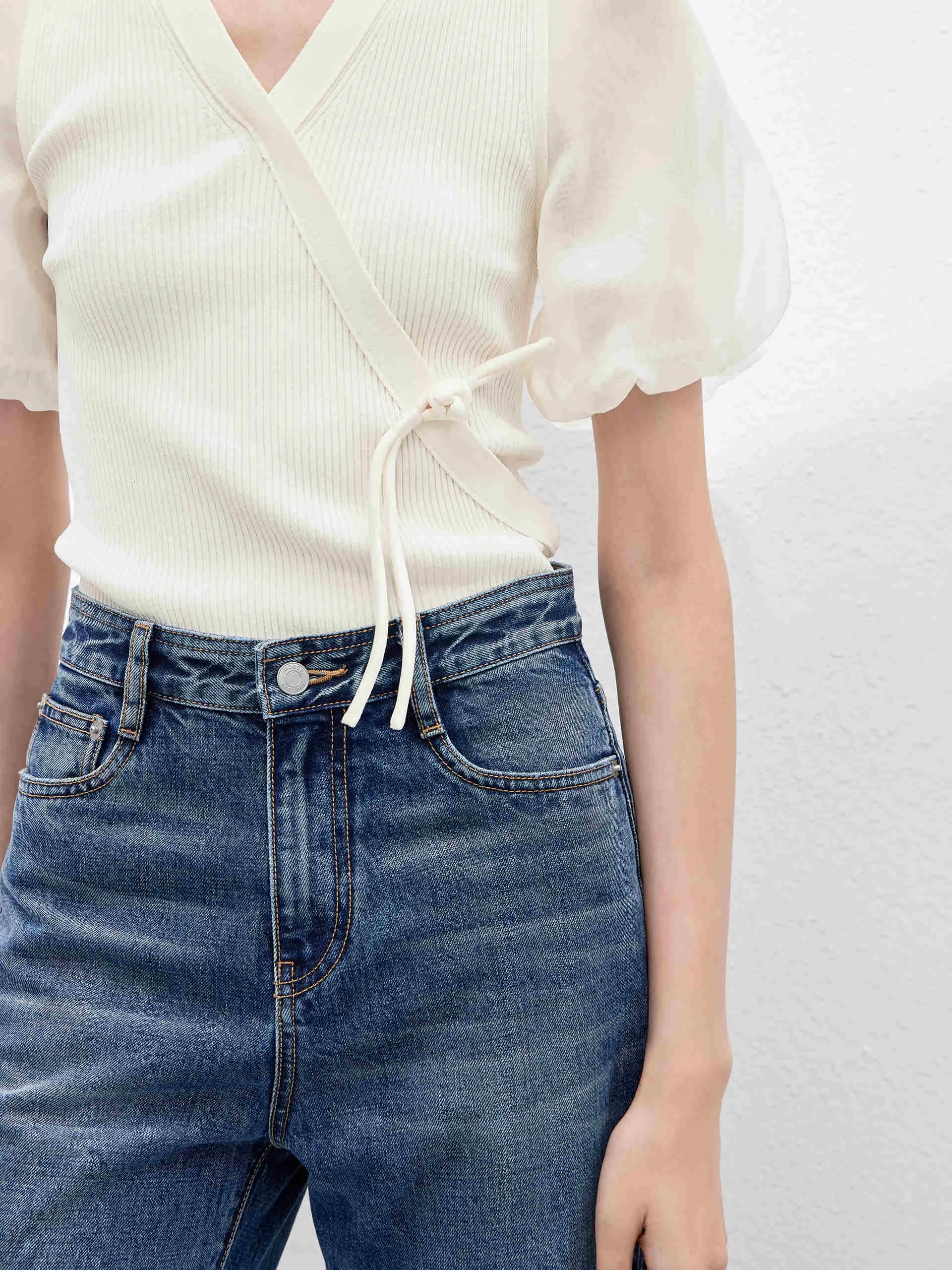 Cropped Puff Sleeves Knit Top