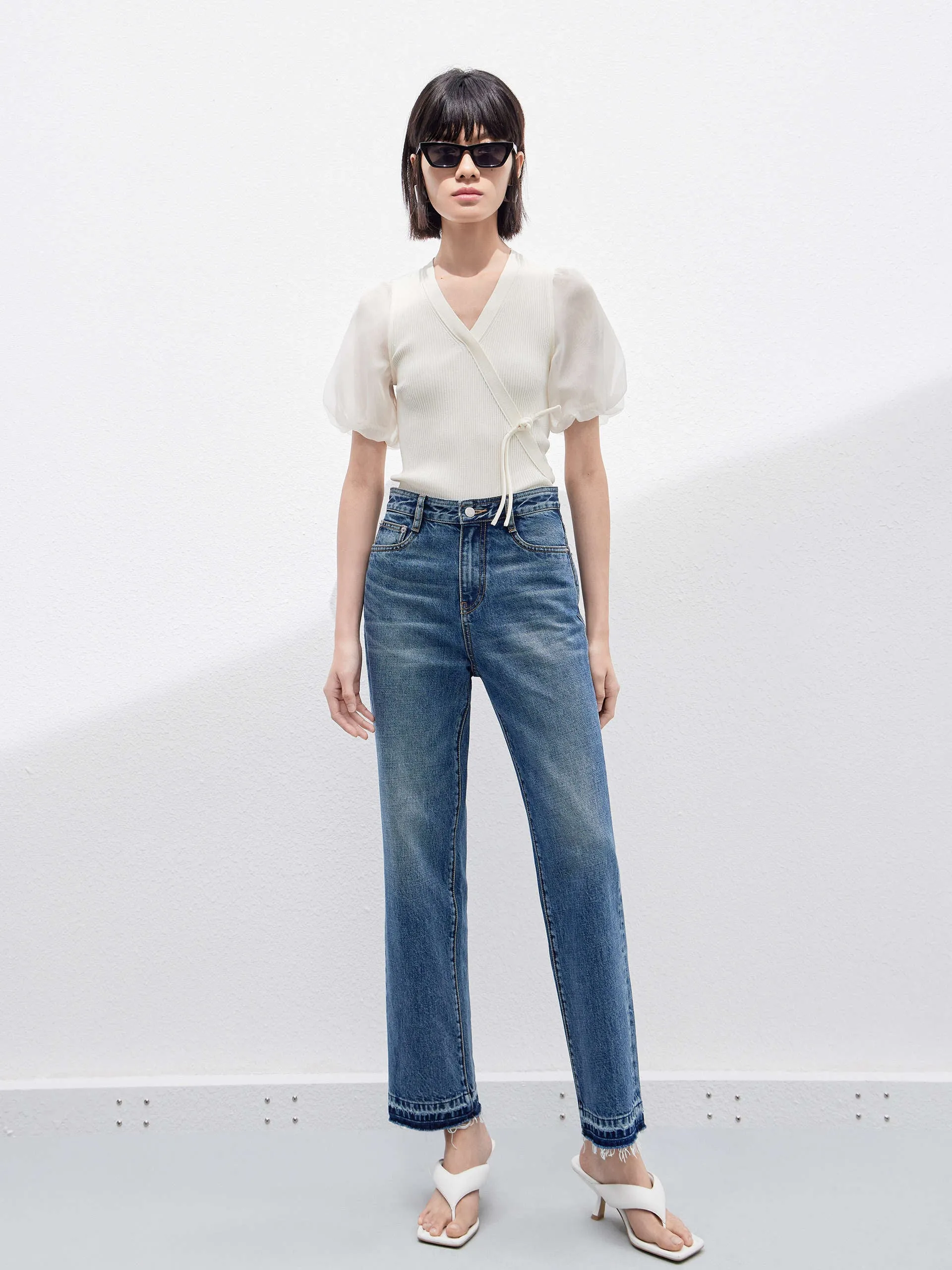 Cropped Puff Sleeves Knit Top