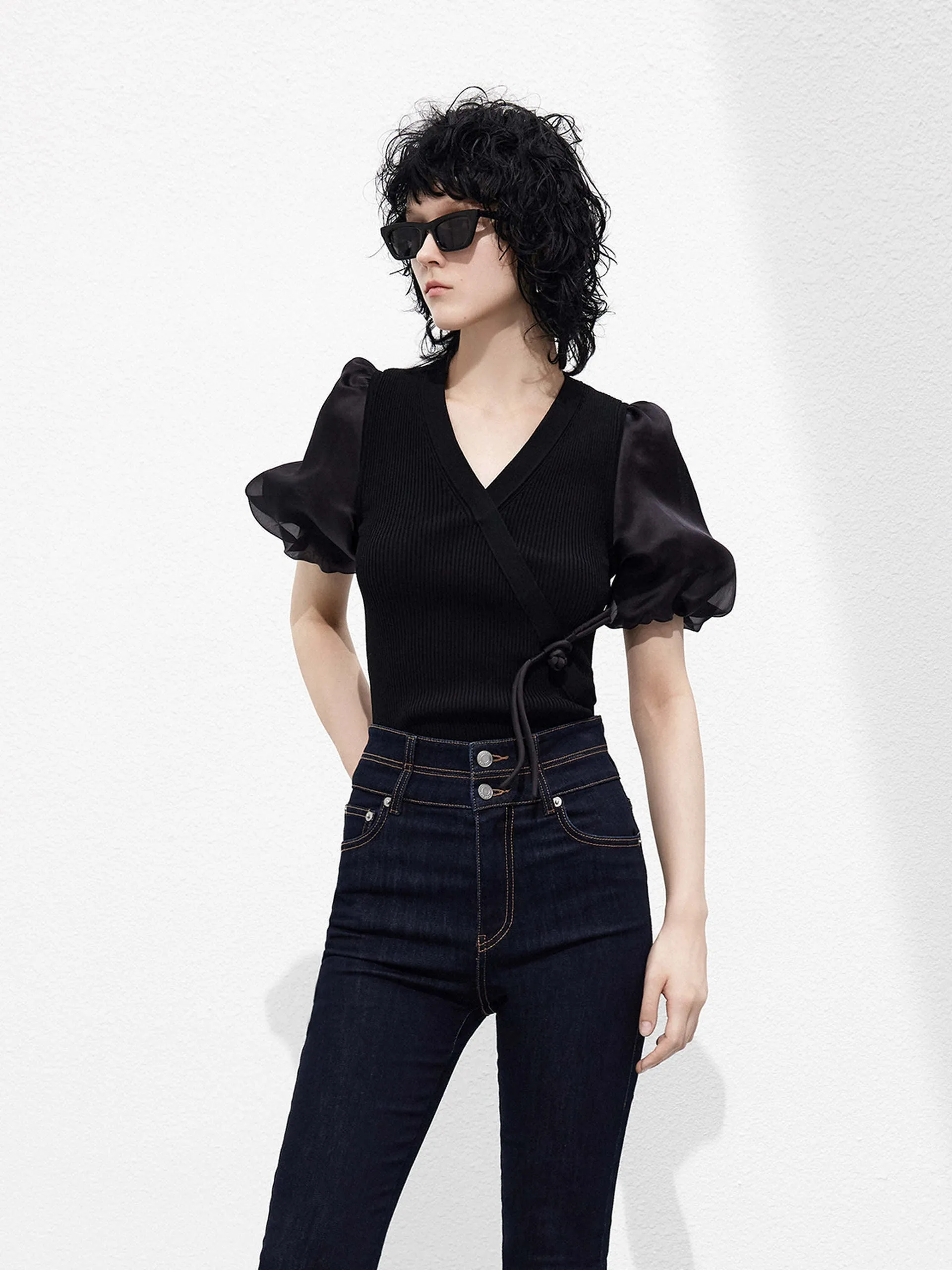 Cropped Puff Sleeves Knit Top