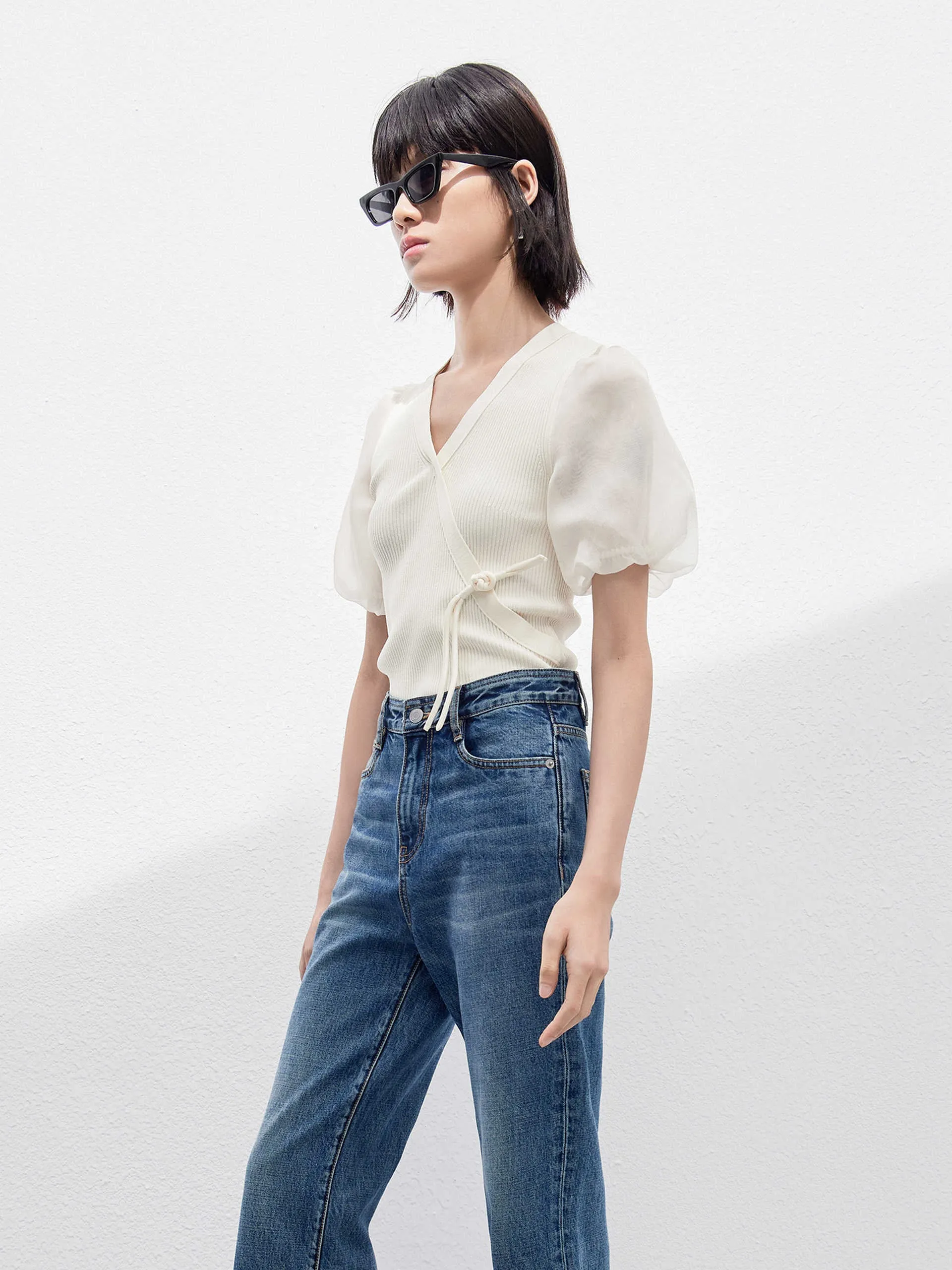 Cropped Puff Sleeves Knit Top