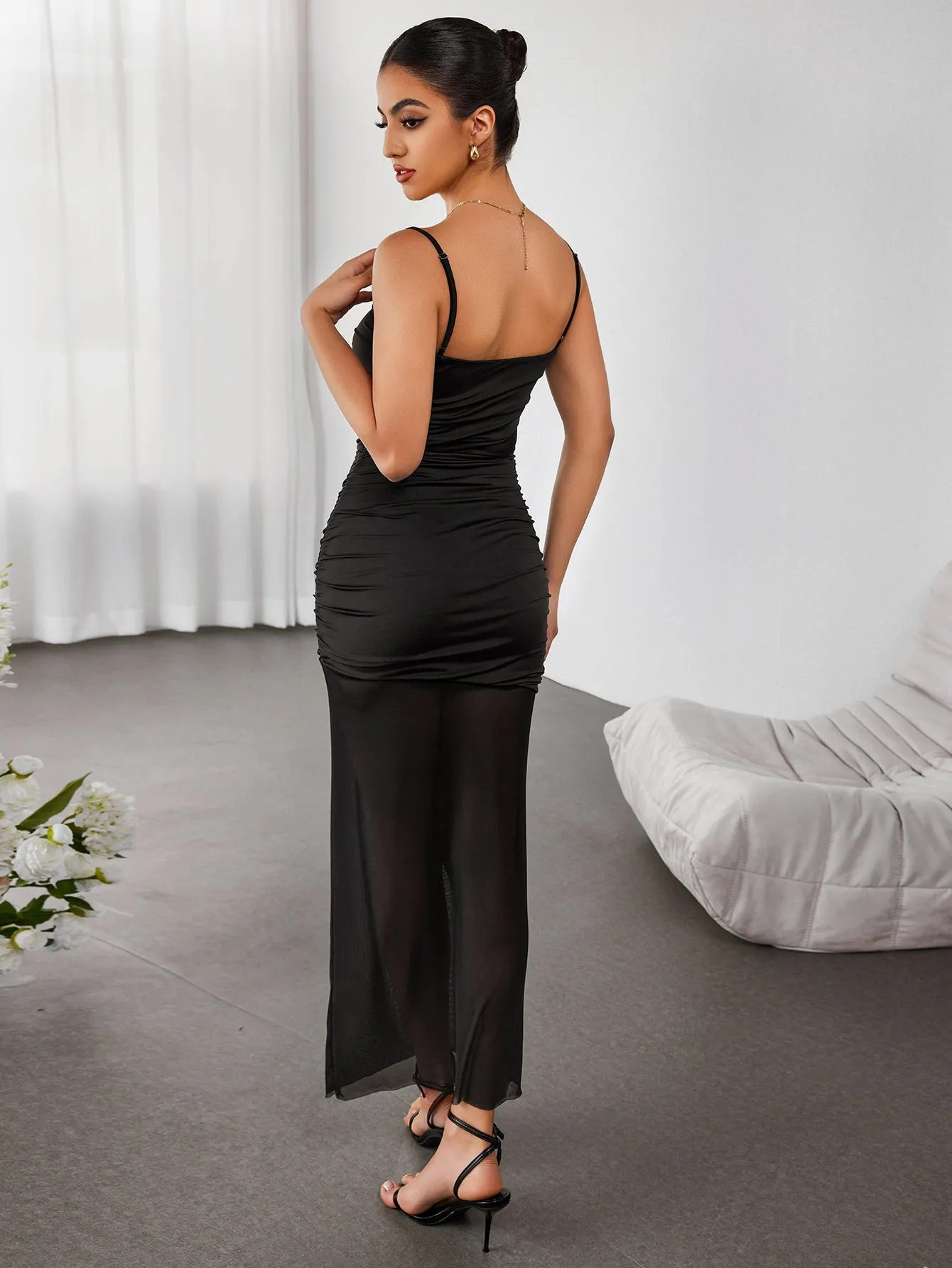 Cut Out Patchwork Mesh Cami Maxi Dress