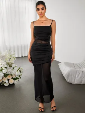 Cut Out Patchwork Mesh Cami Maxi Dress