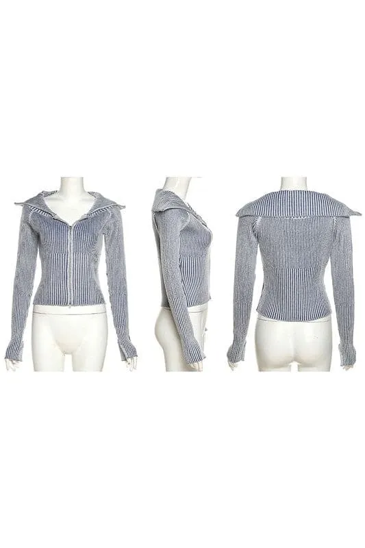 CX262 Knitted Crop Zip Up Shirt