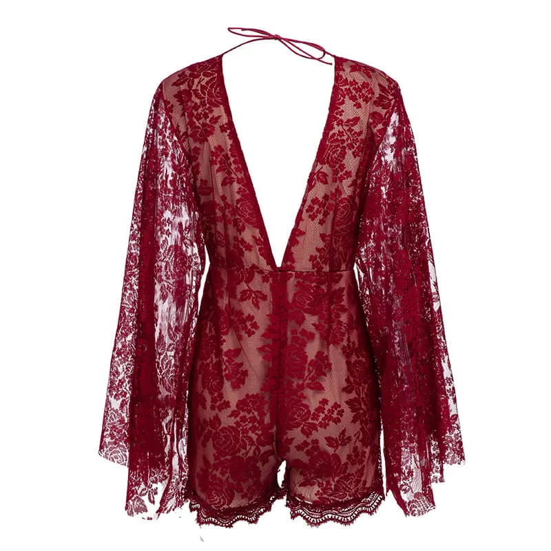 Deep V neck Lace Bell Sleeves Rompers