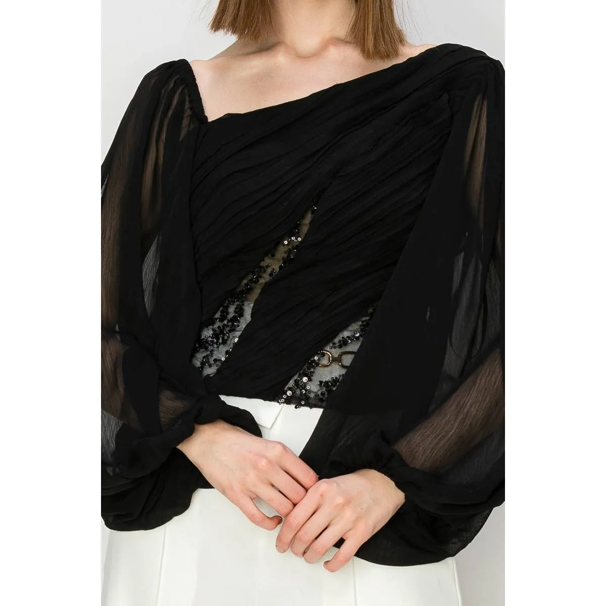 Dramatic Lace Inset Chiffon Top