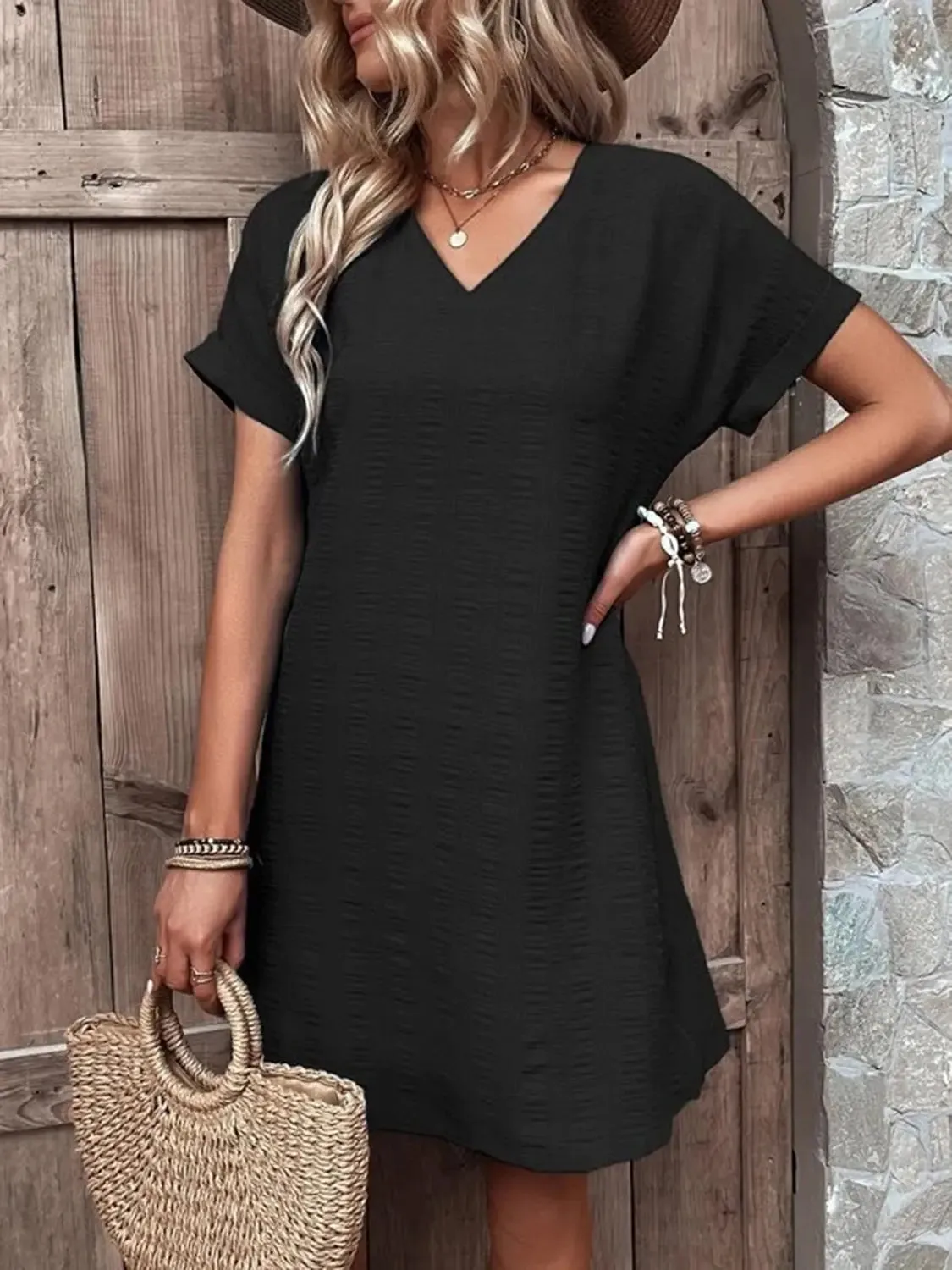Fashion Women Dress Full Size V-Neck Short Sleeve Mini Dress