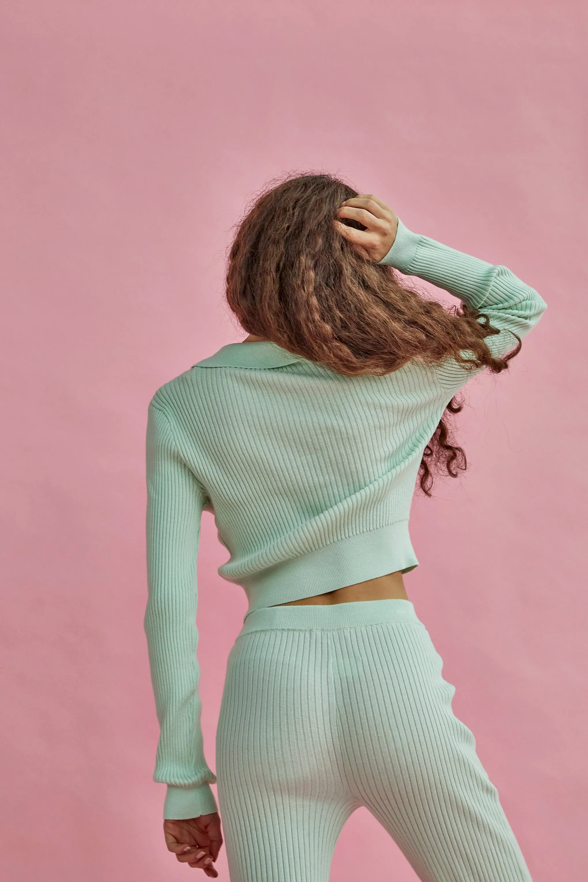 Glamorous Mint Rib Knit Crop Polo Top