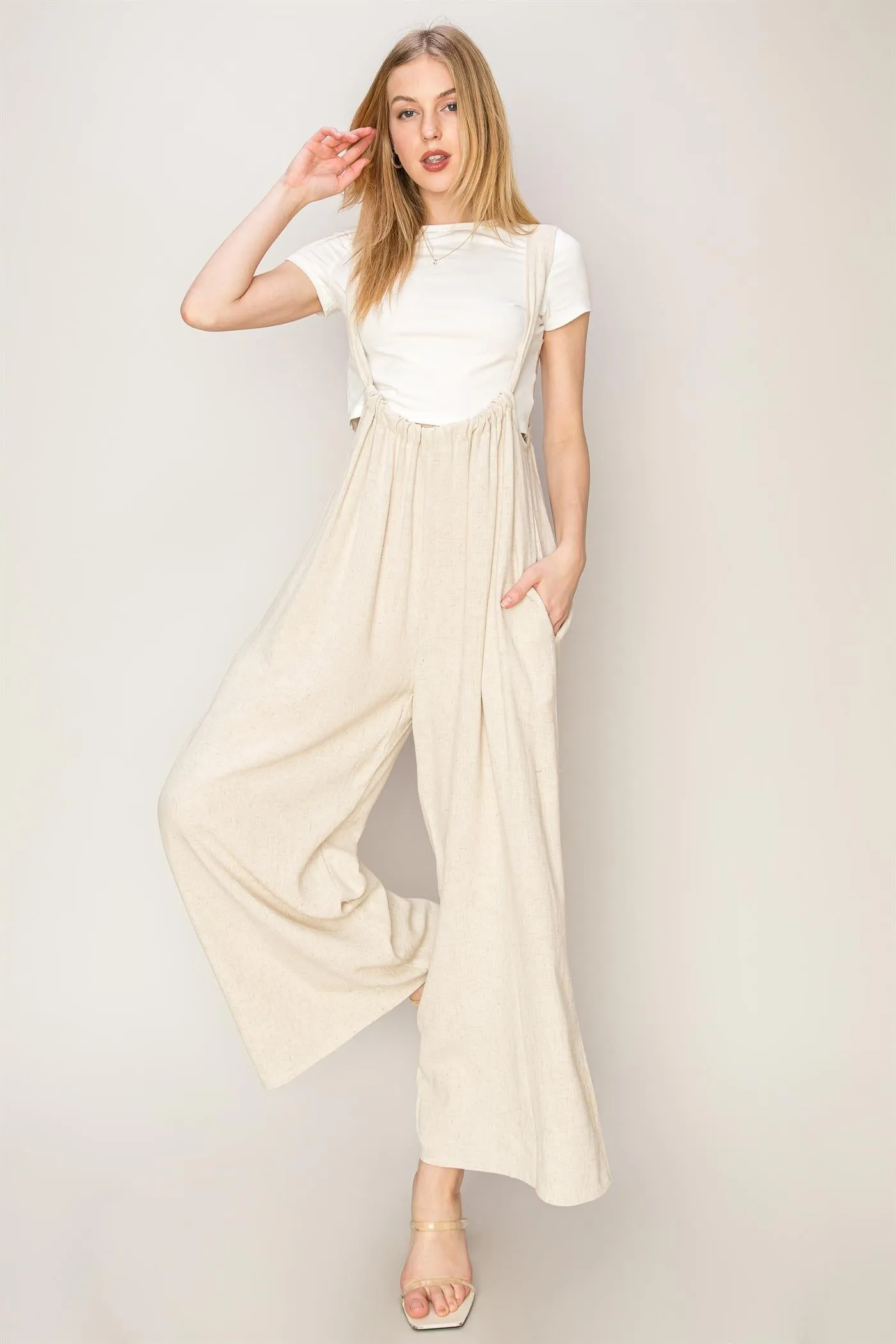 HF24E137-Linen Blended Overall Jumpsuit