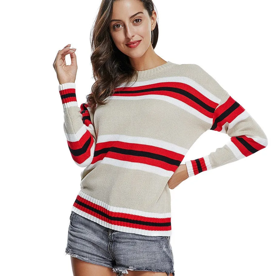 Hit Color Stripe Round Neck Long Sleeve Sweaters