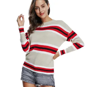 Hit Color Stripe Round Neck Long Sleeve Sweaters