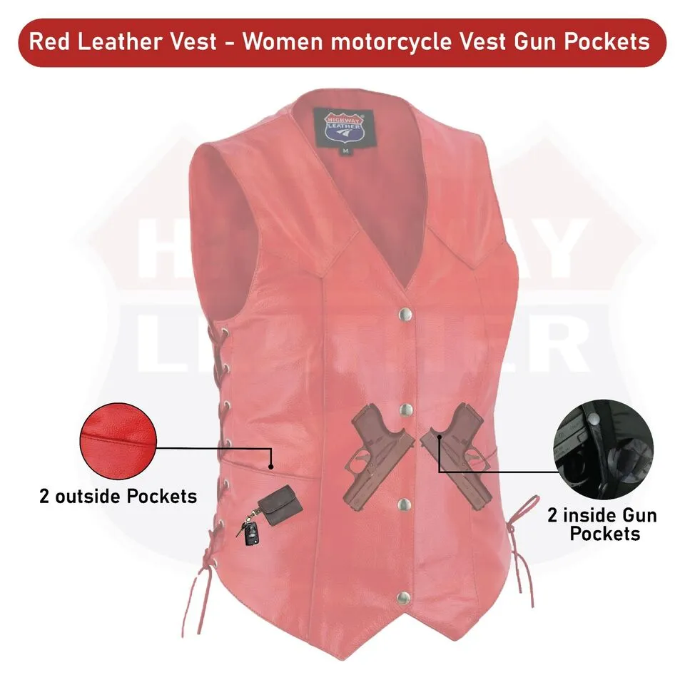 HL14501RED Red Leather Vest - Women motorcycle Club