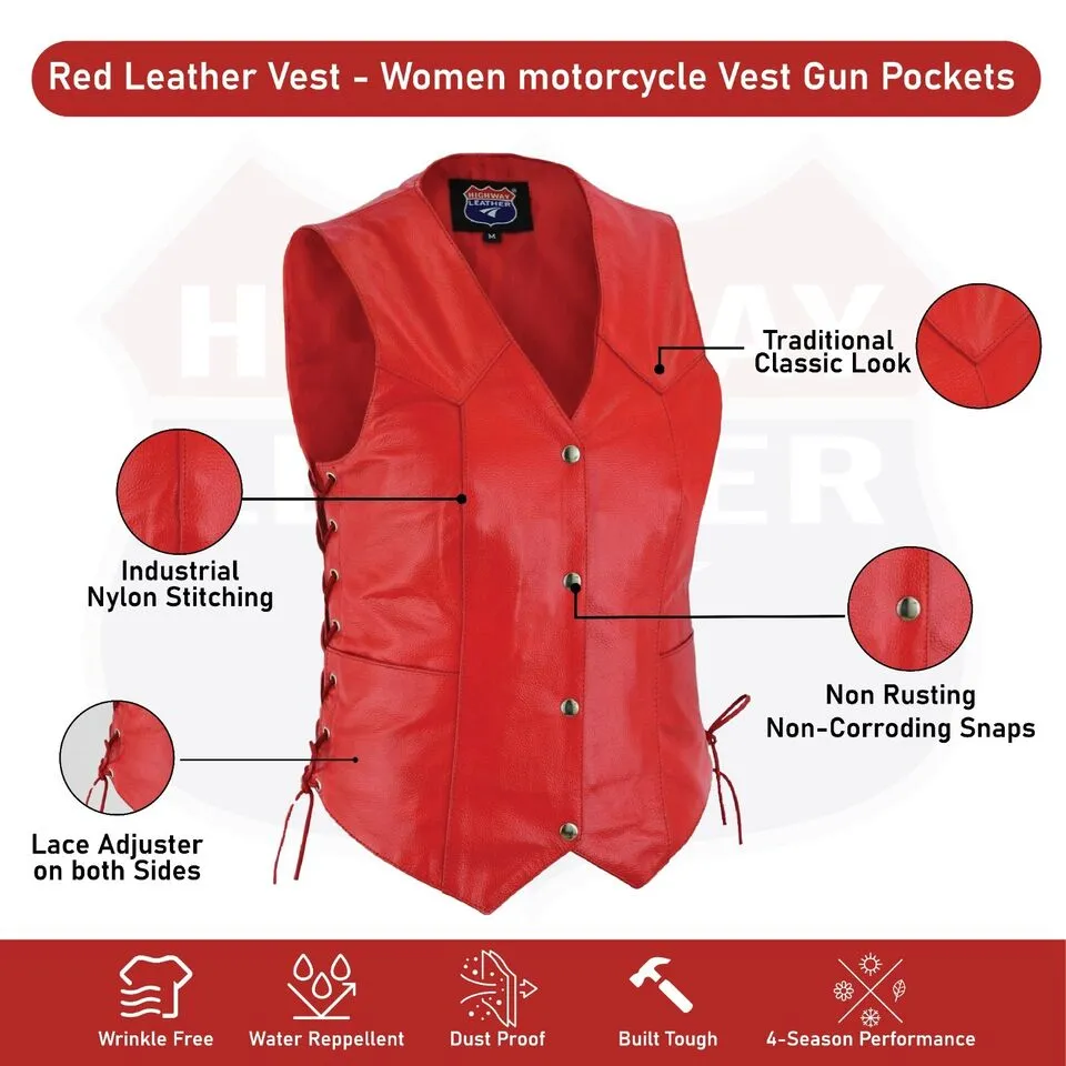 HL14501RED Red Leather Vest - Women motorcycle Club