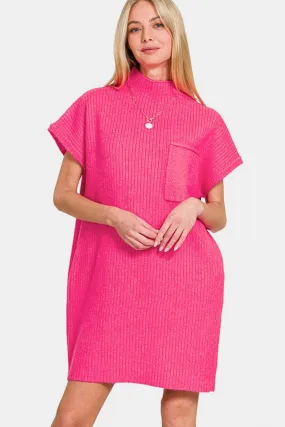 Hot Pink Short Sleeve Sweater Mini Dress