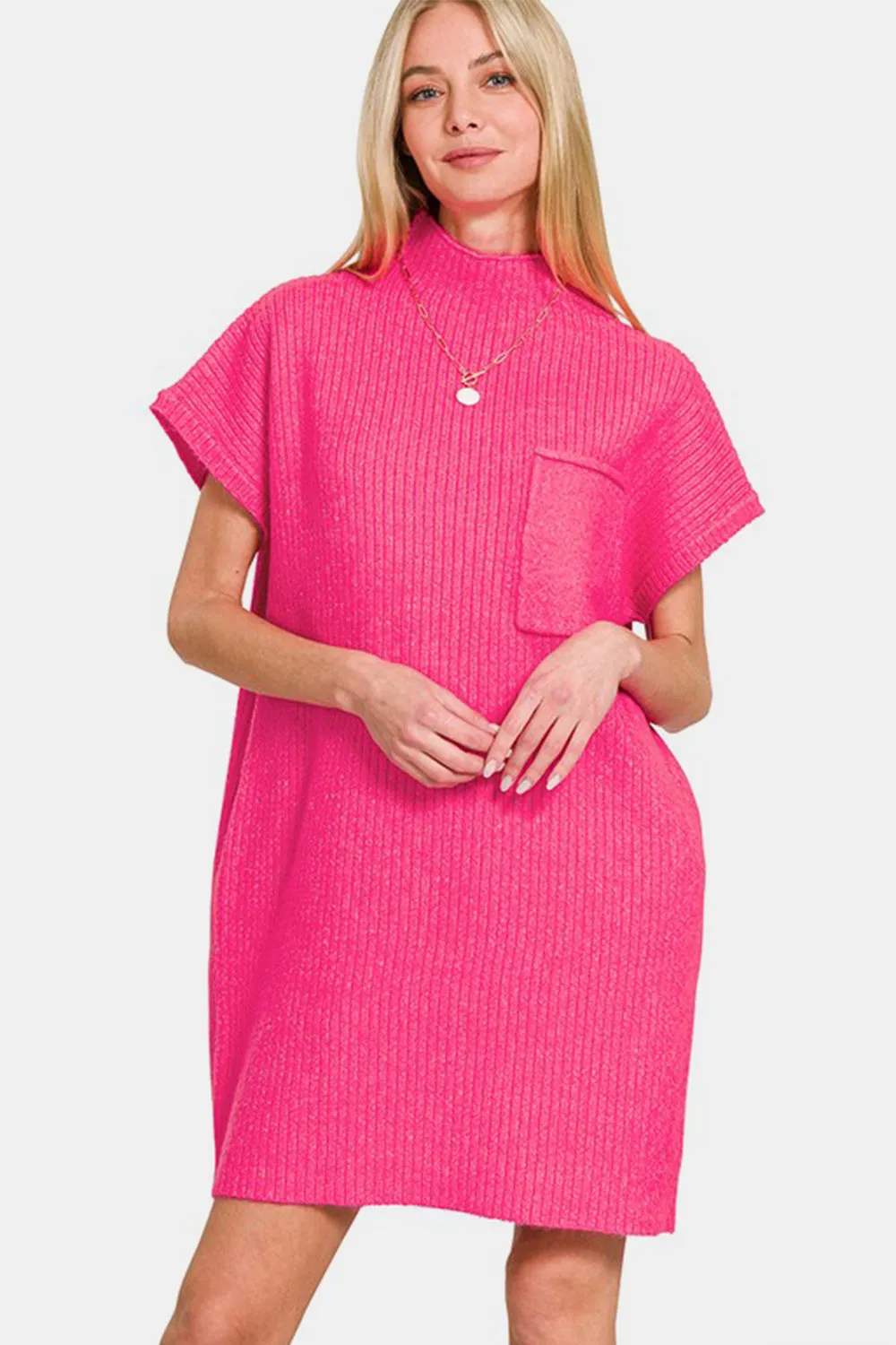 Hot Pink Short Sleeve Sweater Mini Dress