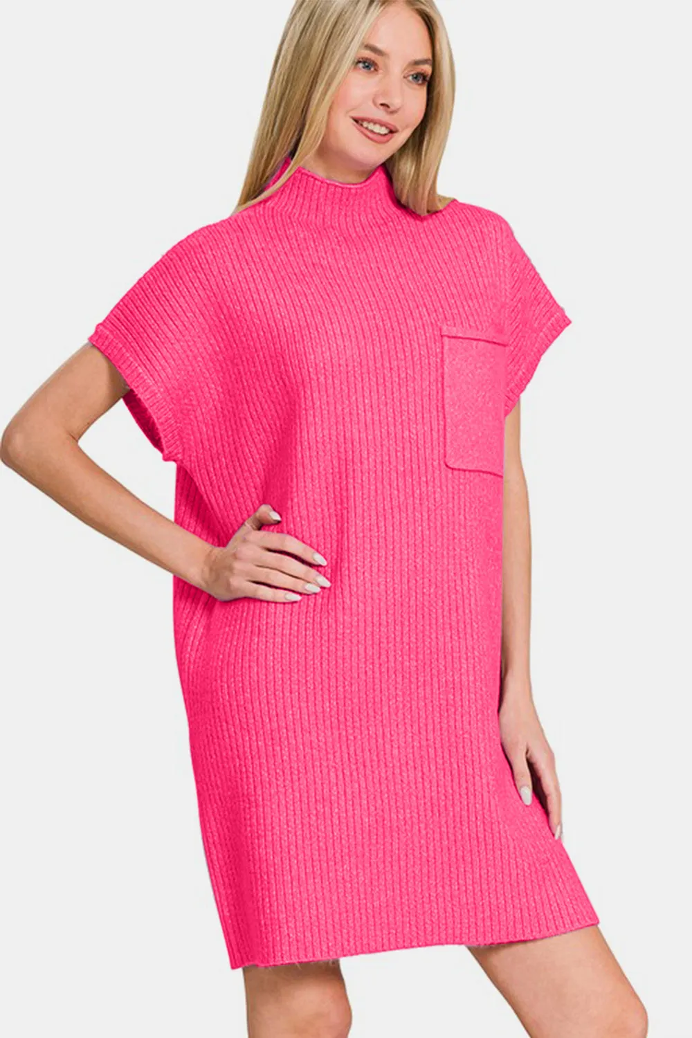 Hot Pink Short Sleeve Sweater Mini Dress