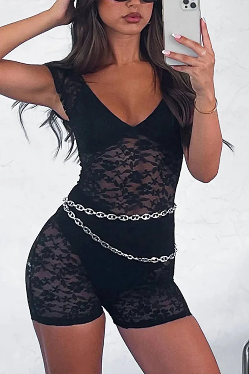 JG699 Lace Mesh Deep V-Neck Romper