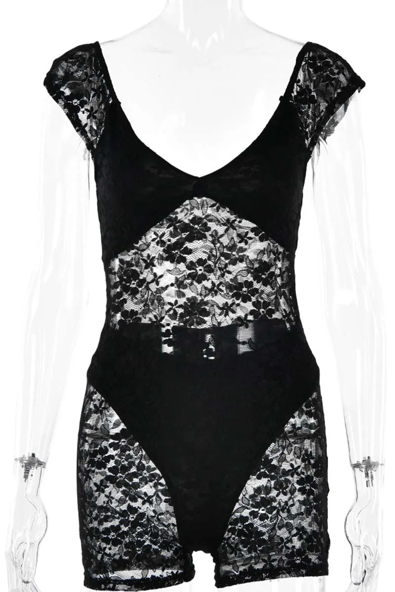 JG699 Lace Mesh Deep V-Neck Romper