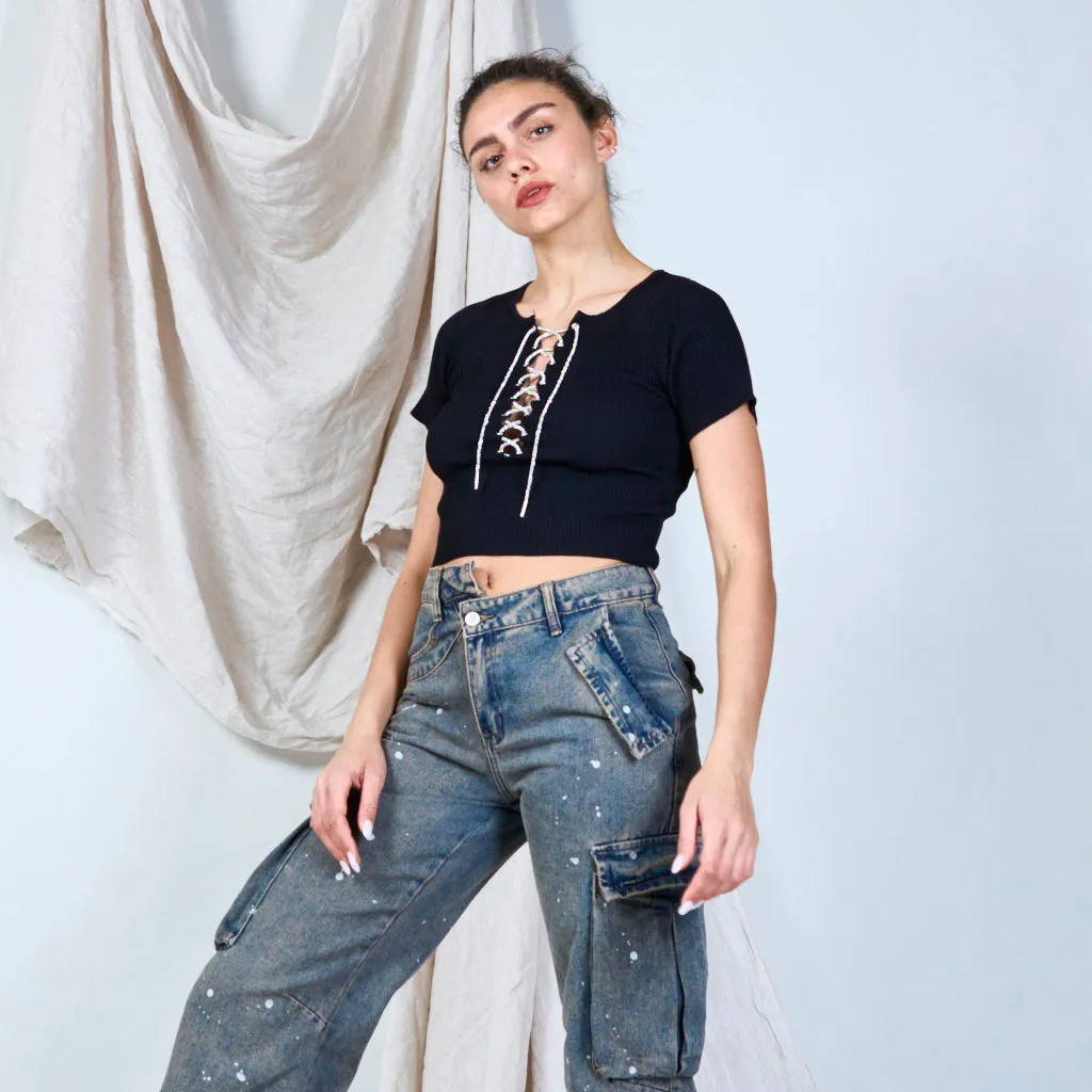 Lace-up ribbed knit top wholesale