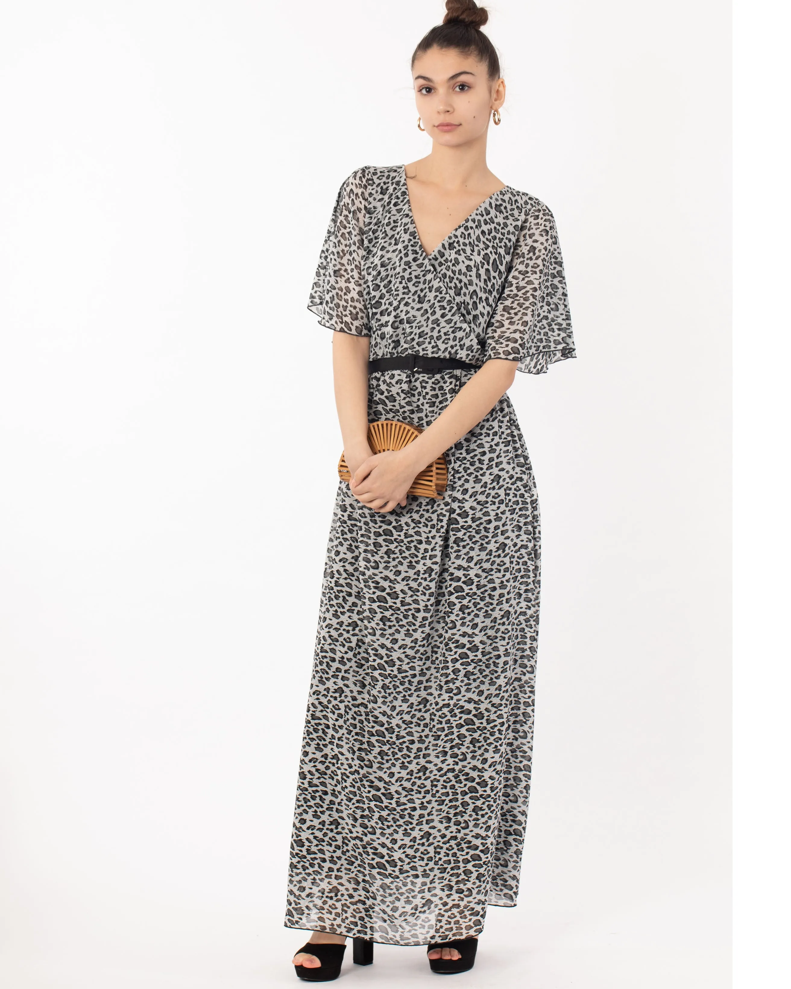 Lady Grey Leopard Print Chiffon Wrap Maxi Dress