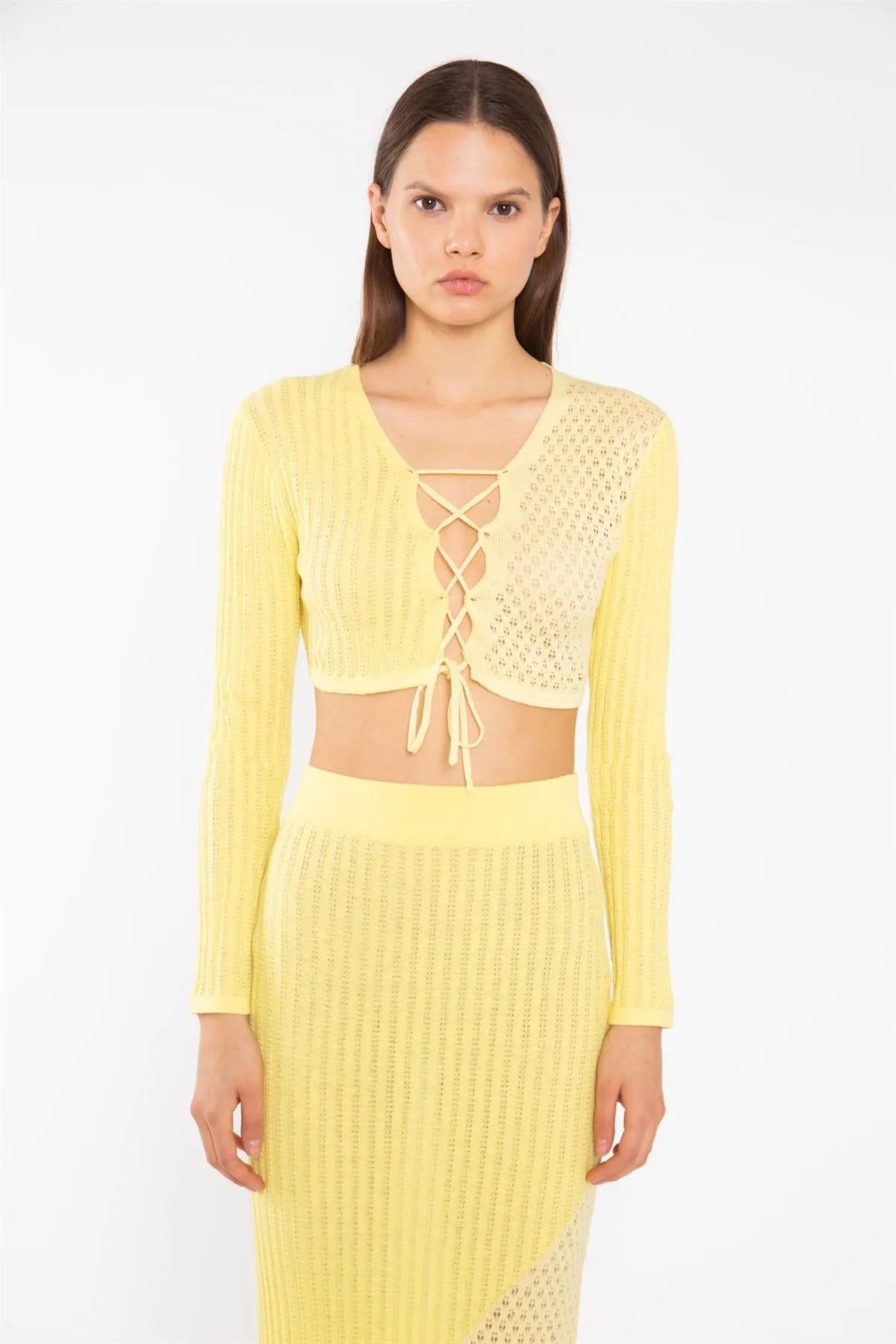 Lemon-Yellow Mix Knit Lace-Up Front Crop-Top