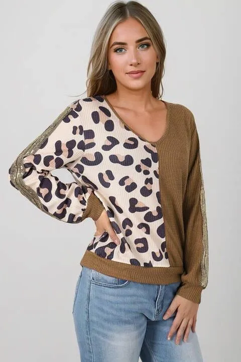 Leopard V-Neck Waffle-Knit Top