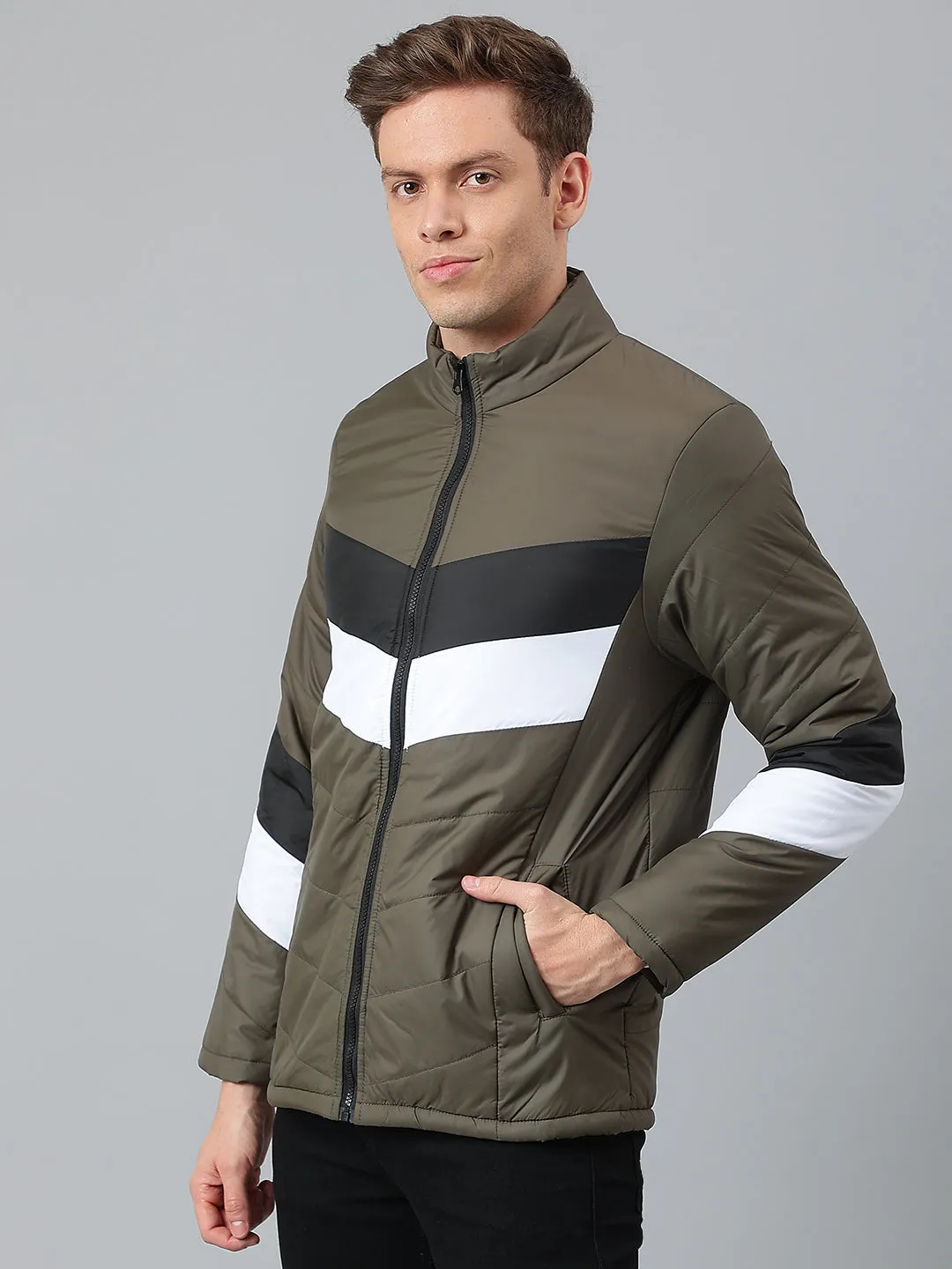 Men's Olive Regular Fit Winterwear Puffer Jackets
