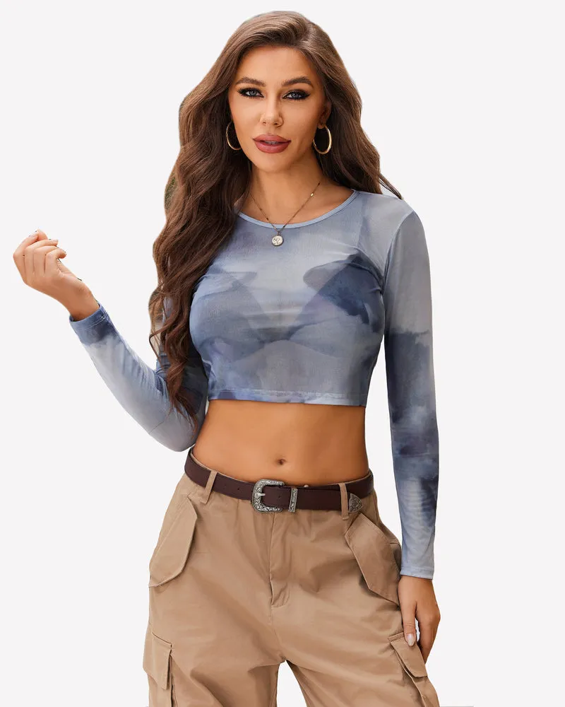 Mesh Crop Top Long Sleeve See Through Shirt