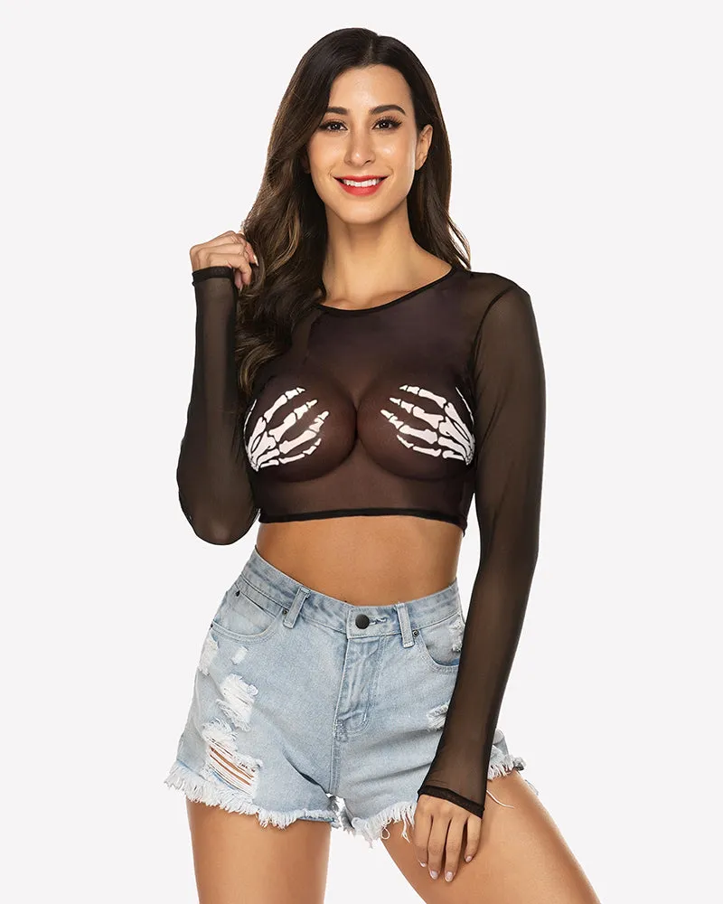 Mesh Crop Top Long Sleeve See Through Shirt