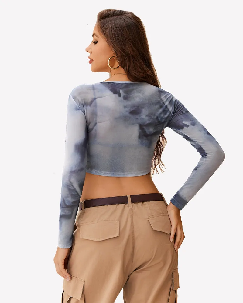 Mesh Crop Top Long Sleeve See Through Shirt