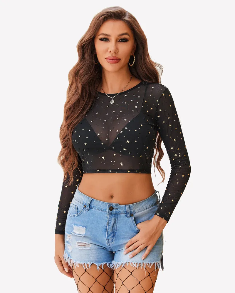 Mesh Crop Top Long Sleeve See Through Shirt