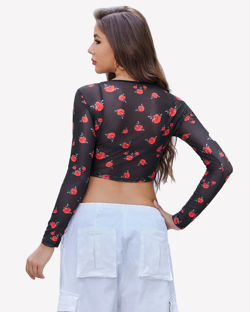 Mesh Crop Top Long Sleeve See Through Shirt