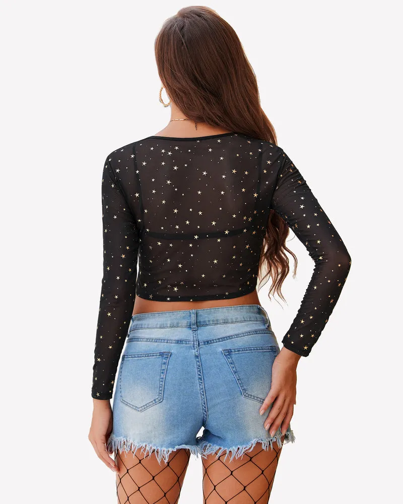 Mesh Crop Top Long Sleeve See Through Shirt